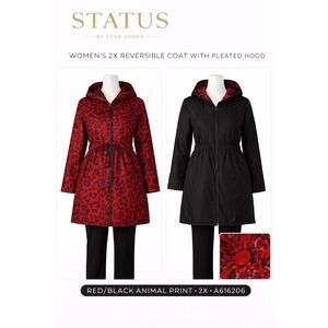 Status by Star Jones Womens 2X Reversible Coat Red Animal Print‎ Hooded A252484